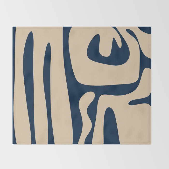Mid Century Modern Kwaito Abstract Pattern Beige and Navy Blue Throw Blanket Gallery Image 2