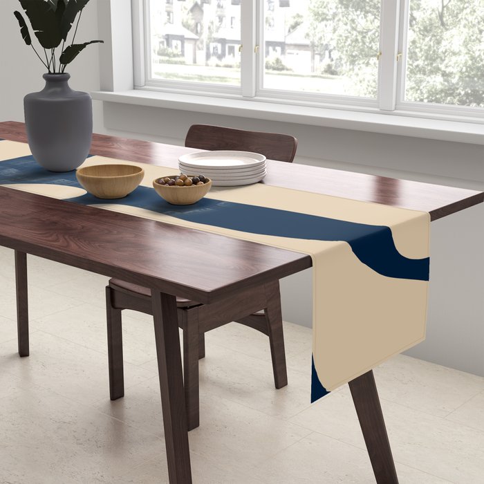 Mid Century Modern Kwaito Abstract Pattern Beige and Navy Blue Table Runner Gallery Image 2