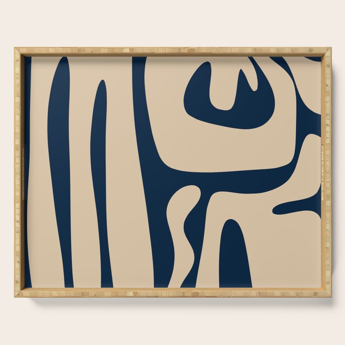 Mid Century Modern Kwaito Abstract Pattern Beige and Navy Blue Serving Tray Gallery Image 1
