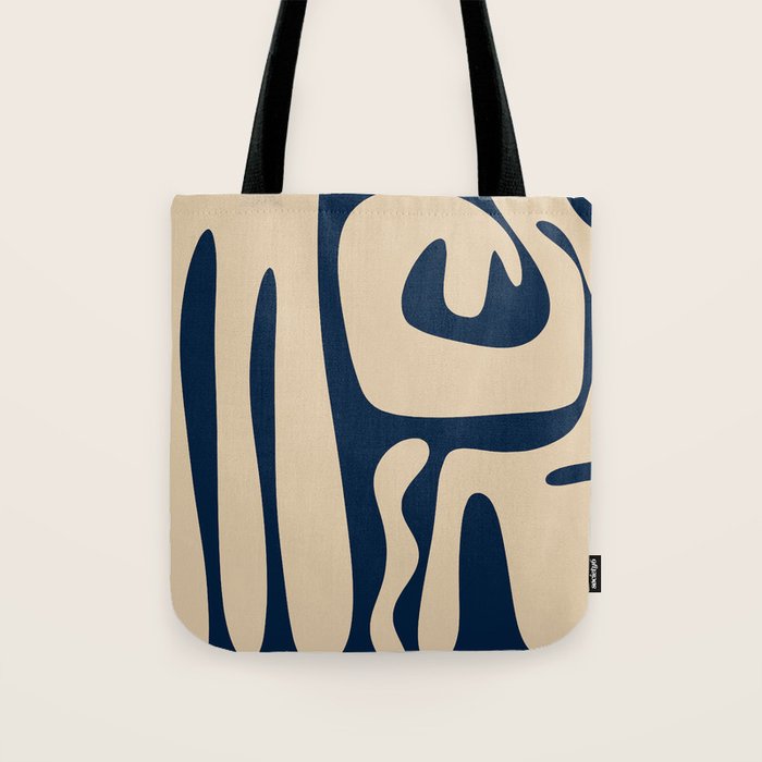 Mid Century Modern Kwaito Abstract Pattern Beige and Navy Blue Tote Bag Gallery Image 1