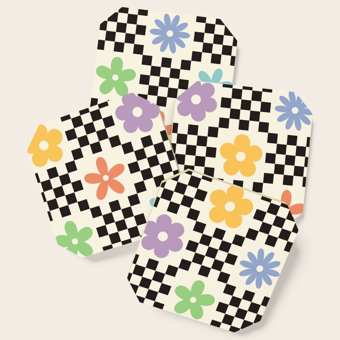 Retro Colorful Flower Double Checker Coaster Gallery Image 1