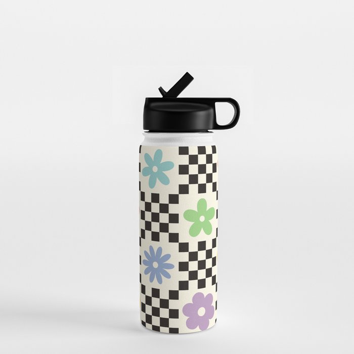 Retro Colorful Flower Double Checker Water Bottle Gallery Image 1