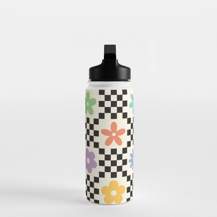 Retro Colorful Flower Double Checker Water Bottle Gallery Image 3
