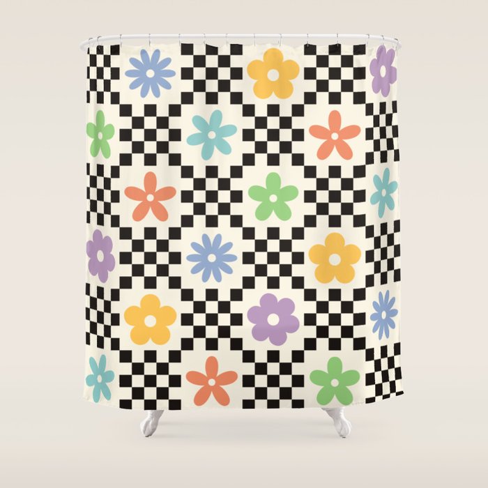Retro Colorful Flower Double Checker Shower Curtain Gallery Image 1