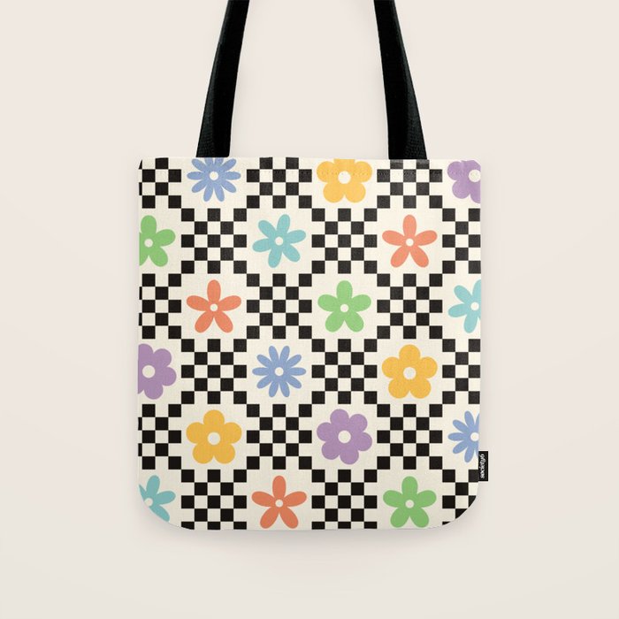 Retro Colorful Flower Double Checker Tote Bag Gallery Image 1