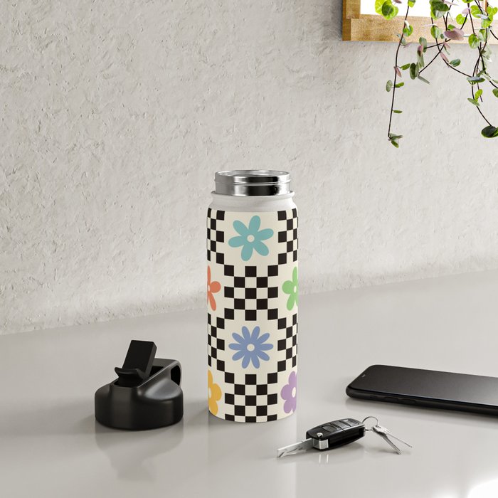 Retro Colorful Flower Double Checker Water Bottle Gallery Image 4