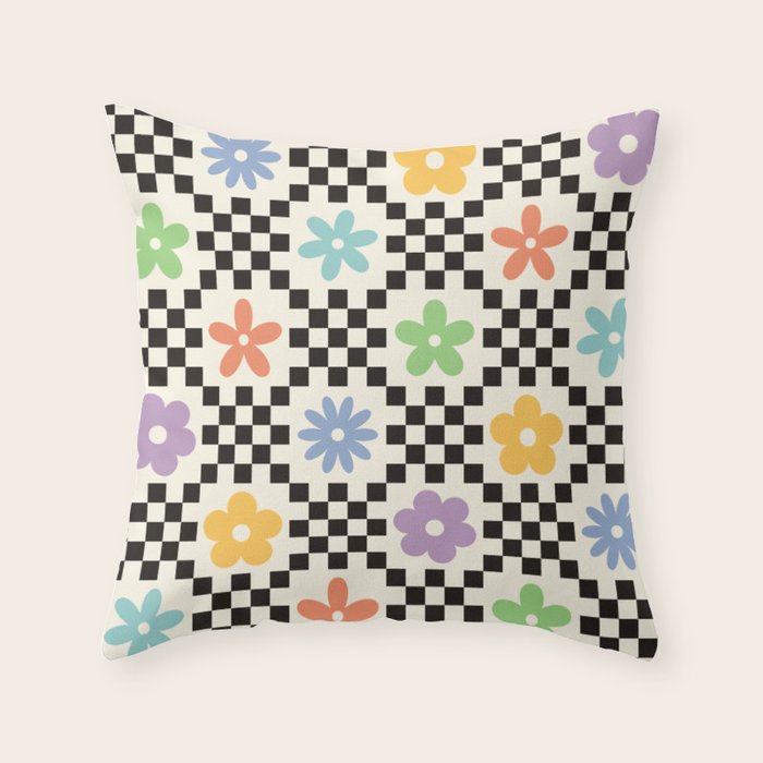 Retro Colorful Flower Double Checker Throw Pillow Gallery Image 6