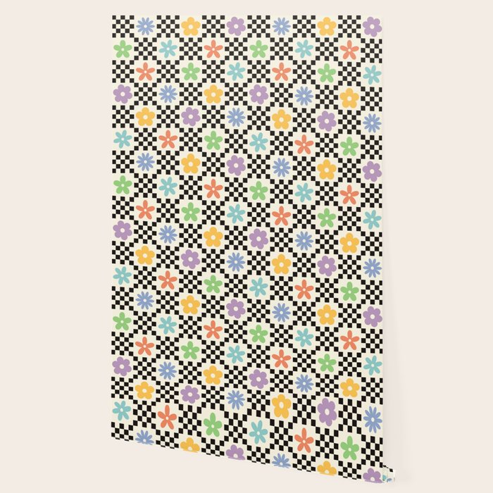 Retro Colorful Flower Double Checker Wallpaper Gallery Image 2