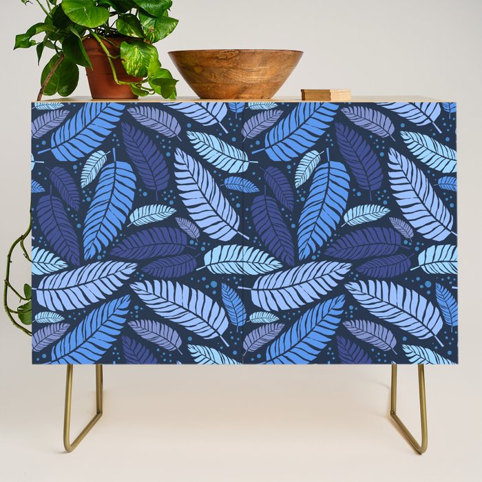 Tropical palm leaves pattern in blue Credenza Gallery Image 1