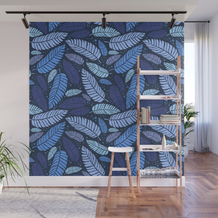 Tropical palm leaves pattern in blue Wall Mural Gallery Image 1