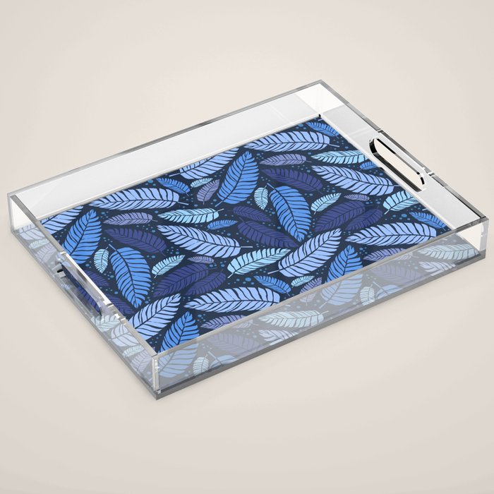 Tropical palm leaves pattern in blue Acrylic Tray Gallery Image 1
