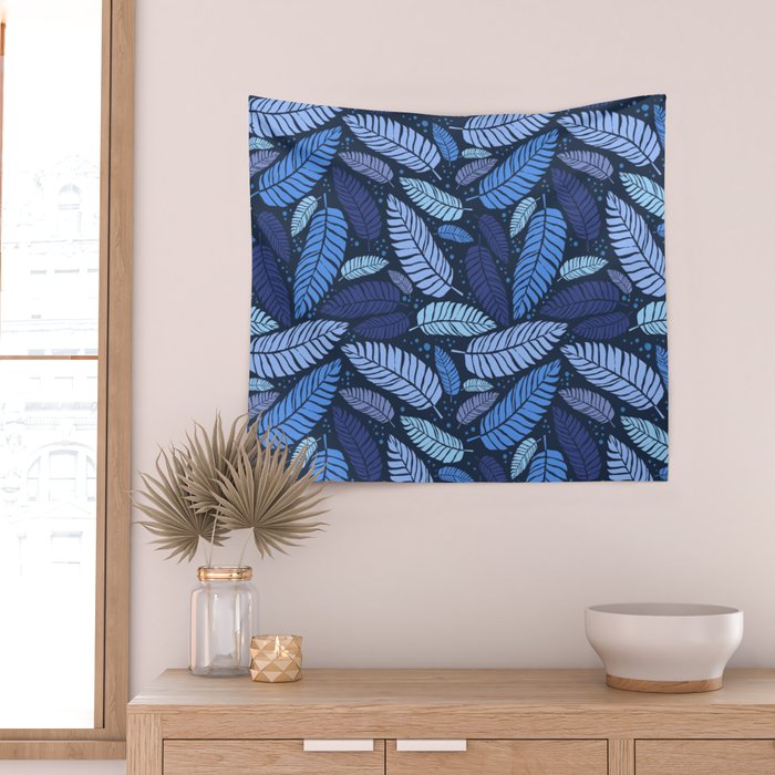 Tropical palm leaves pattern in blue Wall Tapestry Gallery Image 2