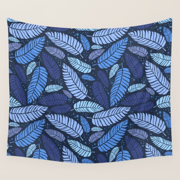 Tropical palm leaves pattern in blue Wall Tapestry Gallery Image 1
