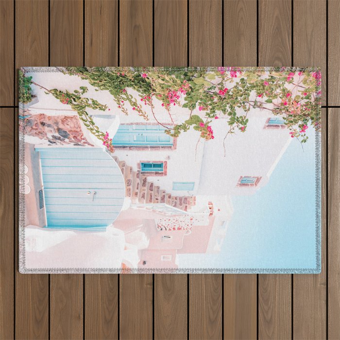 Santorini Greece Mamma Mia Pink House Travel Photography Outdoor Rug Gallery Image 1