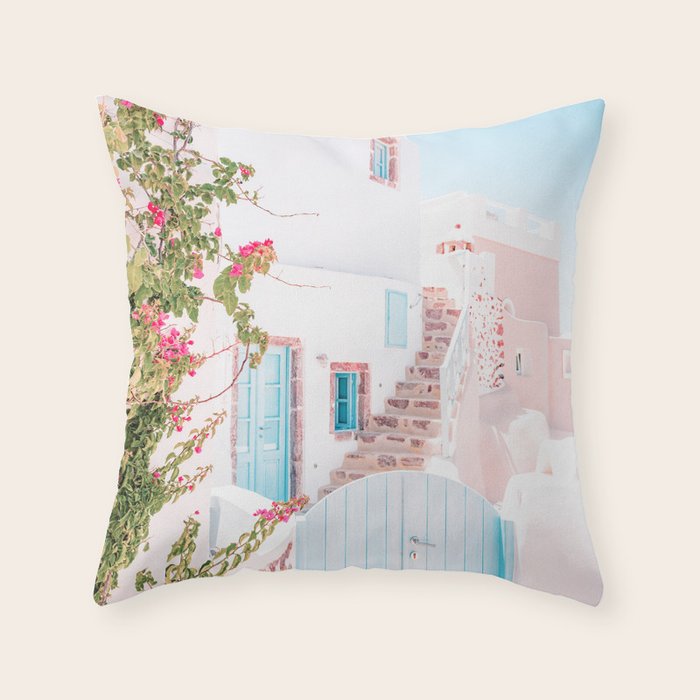 Santorini Greece Mamma Mia Pink House Travel Photography Throw Pillow Gallery Image 1