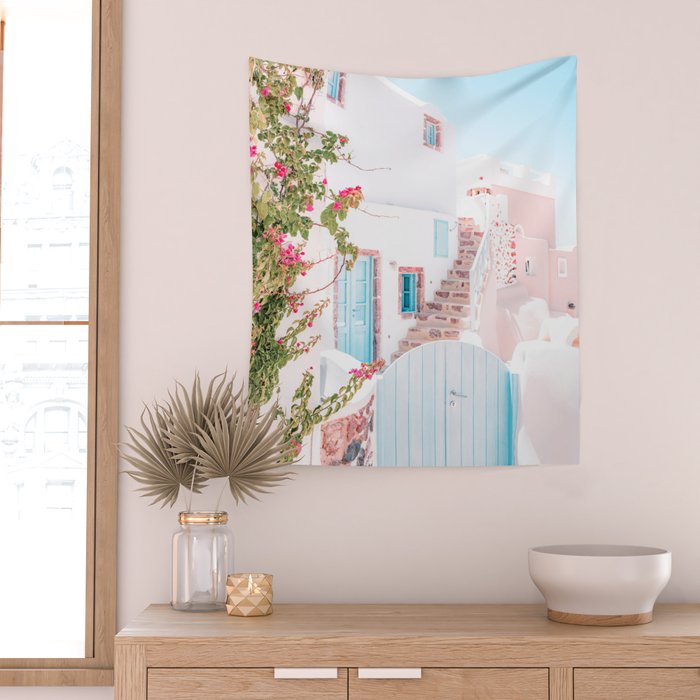Santorini Greece Mamma Mia Pink House Travel Photography Wall Tapestry Gallery Image 2