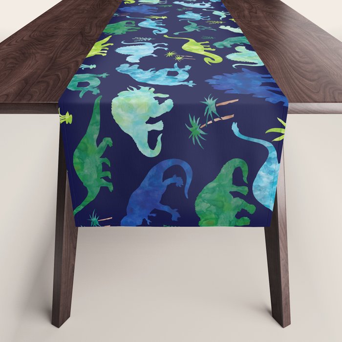Watercolor Dinosaur Blue Green Dino Pattern Table Runner Gallery Image 1