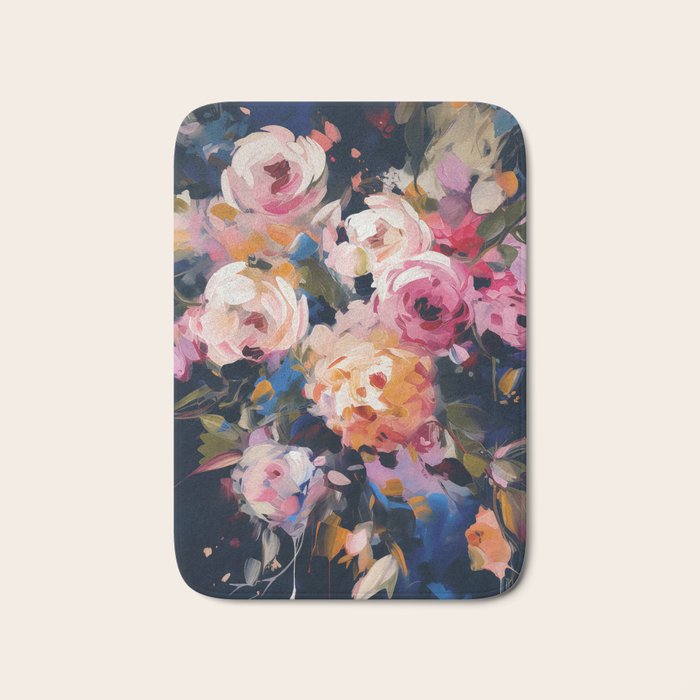 Splashes of Pink and Navy Flowery Art Bath Mat Gallery Image 1