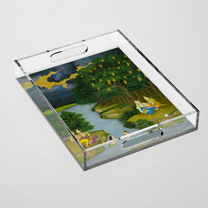 Women enjoying the river at the forestâs edge Indian Miniature Painting  Acrylic Tray Gallery Image 1