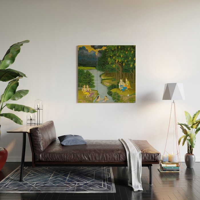 Women enjoying the river at the forestâs edge Indian Miniature Painting  Wood Wall Art Gallery Image 2