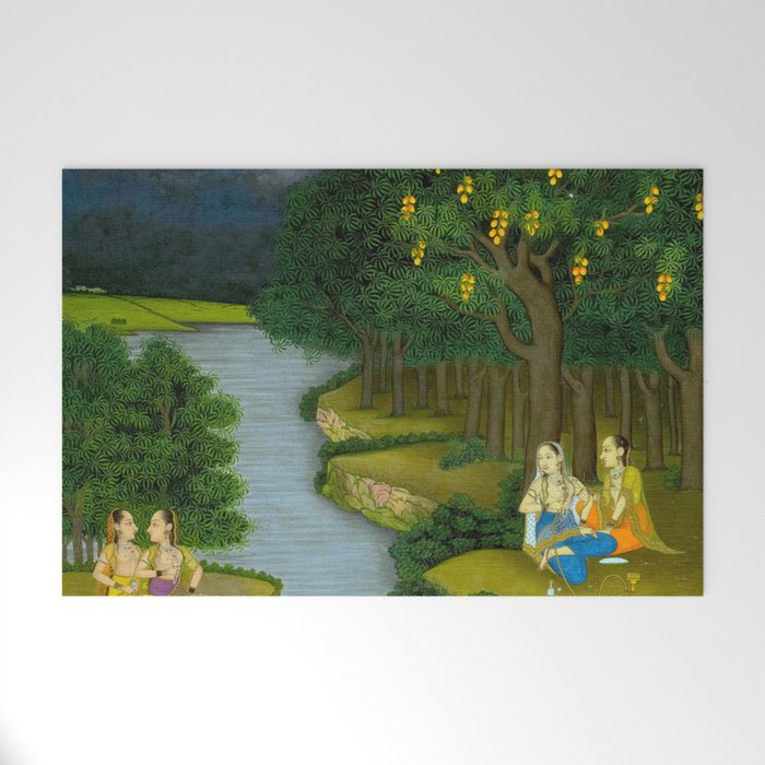 Women enjoying the river at the forestâs edge Indian Miniature Painting  Welcome Mat Gallery Image 1