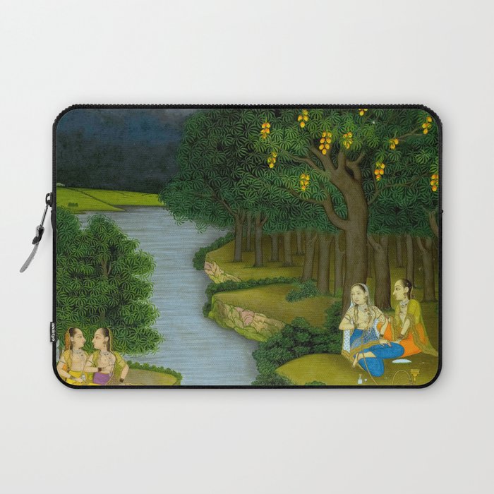 Women enjoying the river at the forestâs edge Indian Miniature Painting  Laptop Sleeve Gallery Image 1