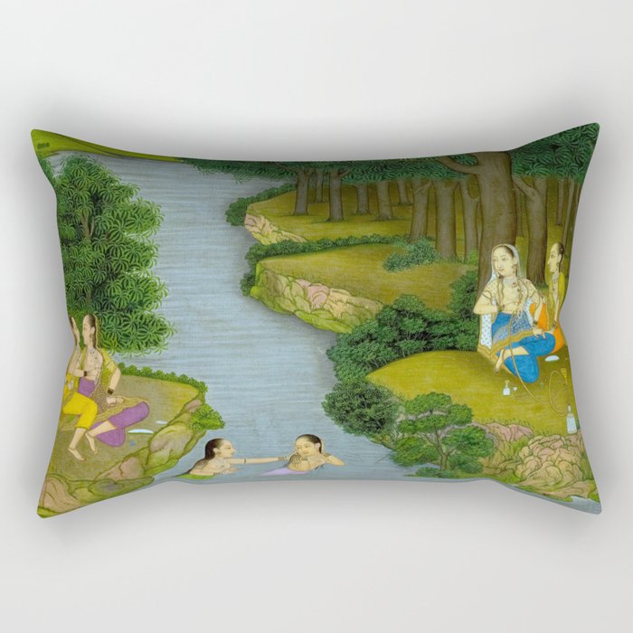 Women enjoying the river at the forestâs edge Indian Miniature Painting  Rectangular Pillow Gallery Image 1