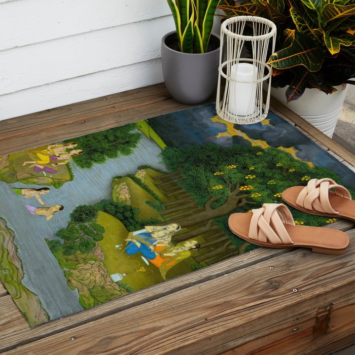 Women enjoying the river at the forestâs edge Indian Miniature Painting  Outdoor Rug Gallery Image 2