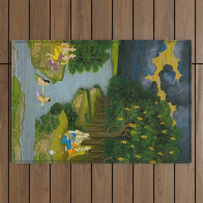 Women enjoying the river at the forestâs edge Indian Miniature Painting  Outdoor Rug Gallery Image 1