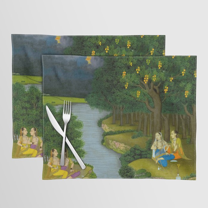 Women enjoying the river at the forestâs edge Indian Miniature Painting  Placemat Gallery Image 1