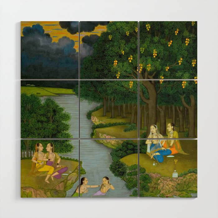 Women enjoying the river at the forestâs edge Indian Miniature Painting  Wood Wall Art Gallery Image 1