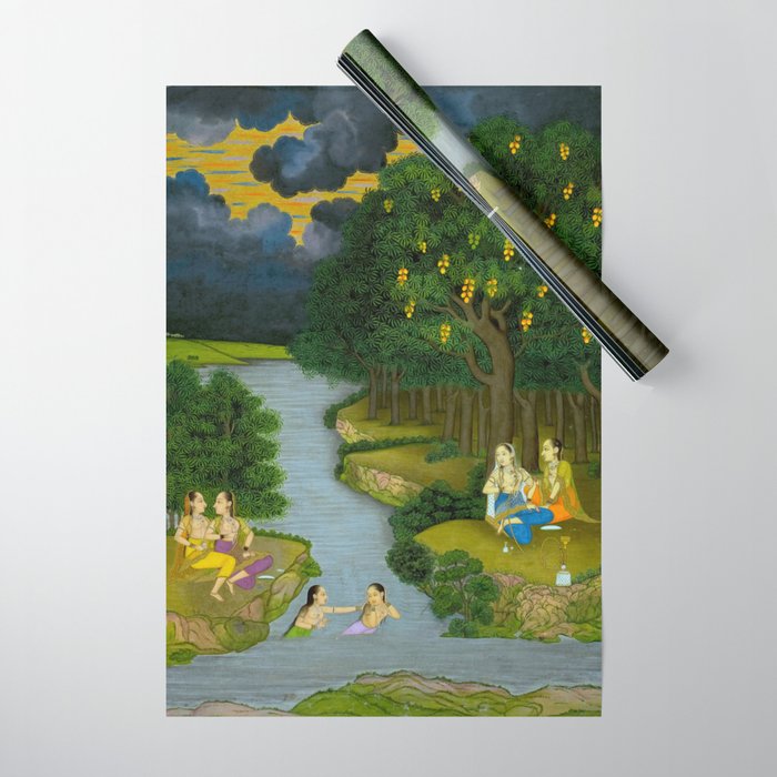 Women enjoying the river at the forestâs edge Indian Miniature Painting  Wrapping Paper Gallery Image 1