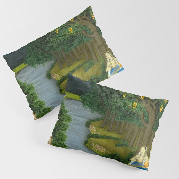 Women enjoying the river at the forestâs edge Indian Miniature Painting  Pillow Sham Gallery Image 1