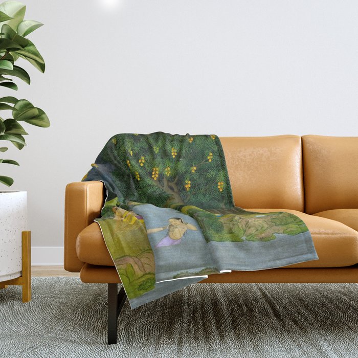 Women enjoying the river at the forestâs edge Indian Miniature Painting  Throw Blanket Gallery Image 1