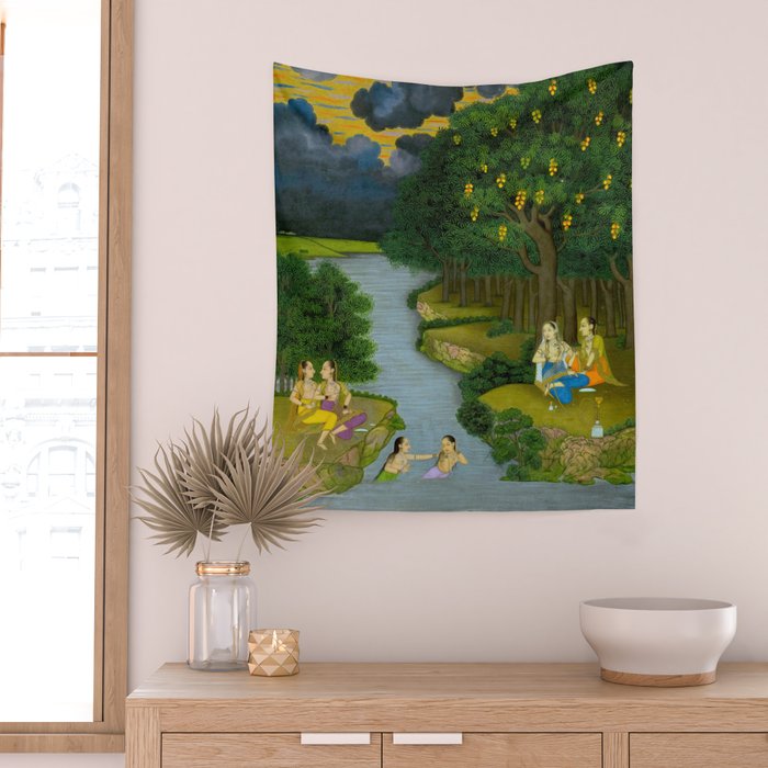 Women enjoying the river at the forestâs edge Indian Miniature Painting  Wall Tapestry Gallery Image 2