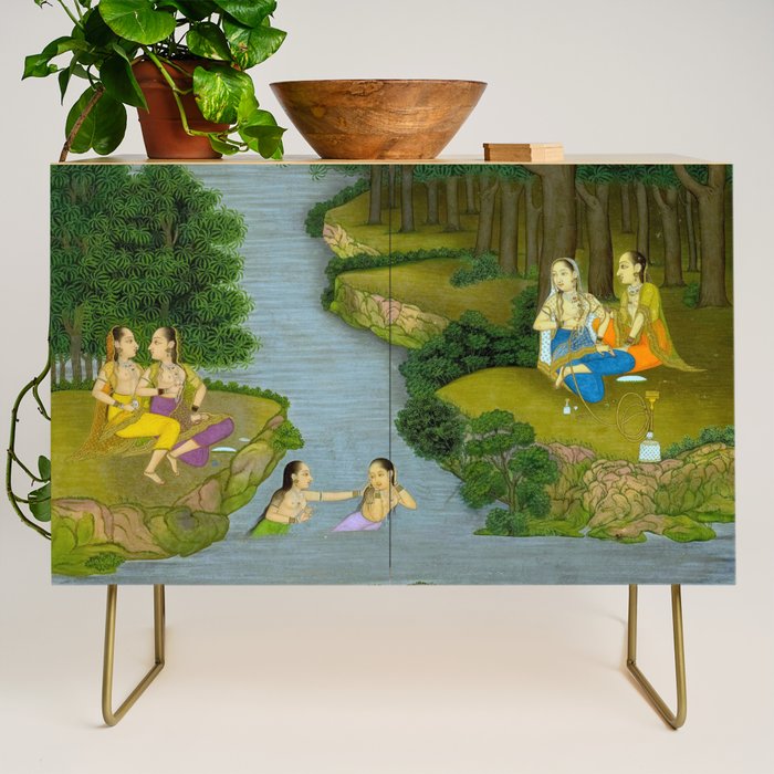 Women enjoying the river at the forestâs edge Indian Miniature Painting  Credenza Gallery Image 1