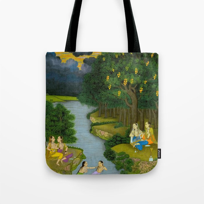 Women enjoying the river at the forestâs edge Indian Miniature Painting  Tote Bag Gallery Image 1