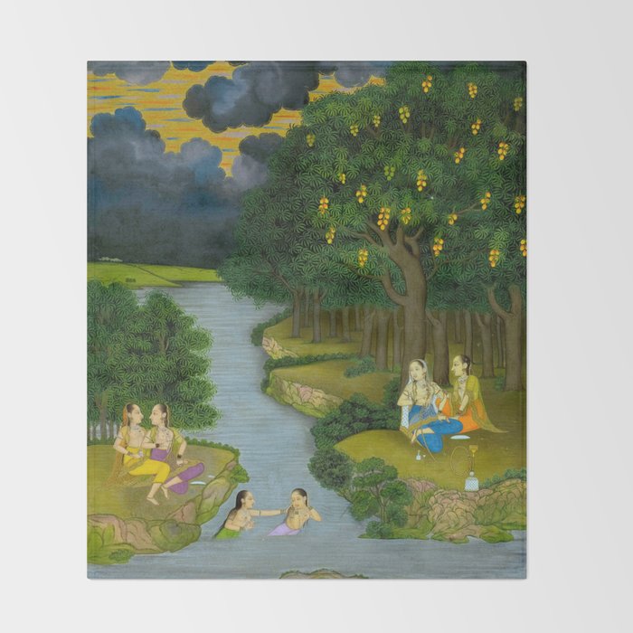 Women enjoying the river at the forestâs edge Indian Miniature Painting  Throw Blanket Gallery Image 2