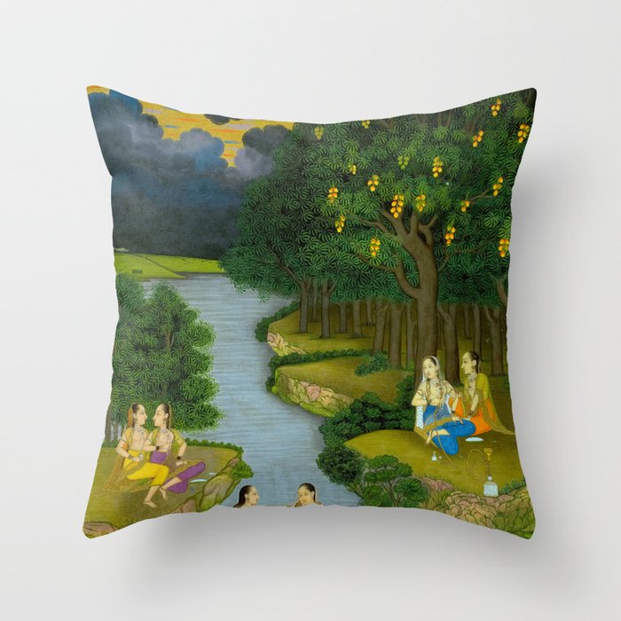 Women enjoying the river at the forestâs edge Indian Miniature Painting  Throw Pillow Gallery Image 1