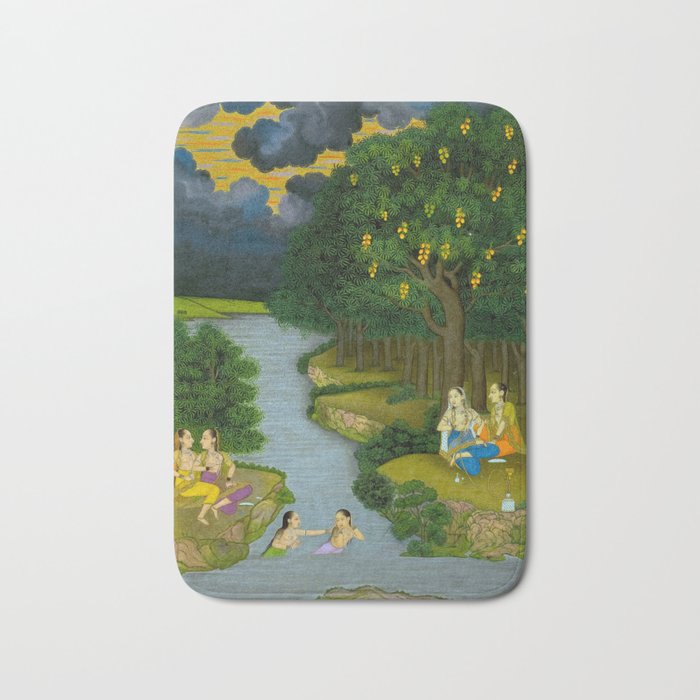 Women enjoying the river at the forestâs edge Indian Miniature Painting  Bath Mat Gallery Image 1
