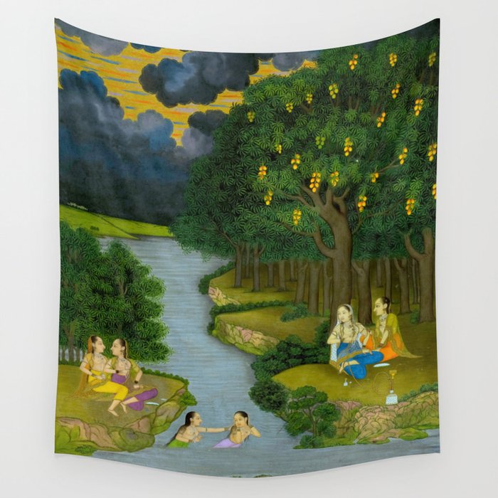Women enjoying the river at the forestâs edge Indian Miniature Painting  Wall Tapestry Gallery Image 4