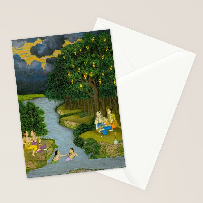 Women enjoying the river at the forestâs edge Indian Miniature Painting  Stationery Card Gallery Image 2