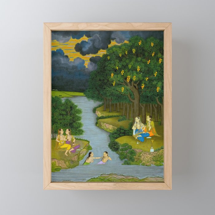 Women enjoying the river at the forestâs edge Indian Miniature Painting  Mini Art Print Gallery Image 1