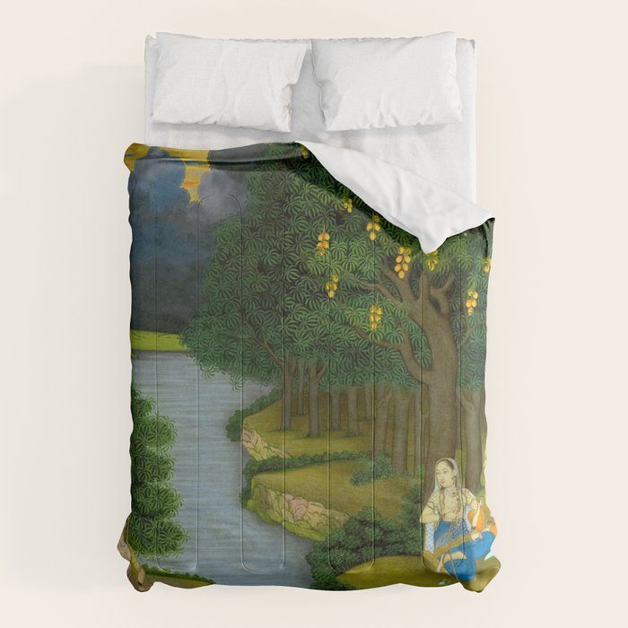 Women enjoying the river at the forestâs edge Indian Miniature Painting  Comforter Gallery Image 1