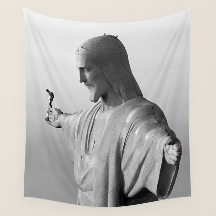 Christ the Redeemer, Rio de Janeiro, Brazil death defying dare devil black and white photography Wall Tapestry Gallery Image 1