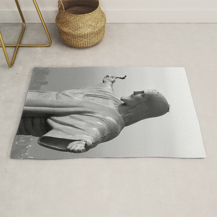 Christ the Redeemer, Rio de Janeiro, Brazil death defying dare devil black and white photography Rug Gallery Image 1
