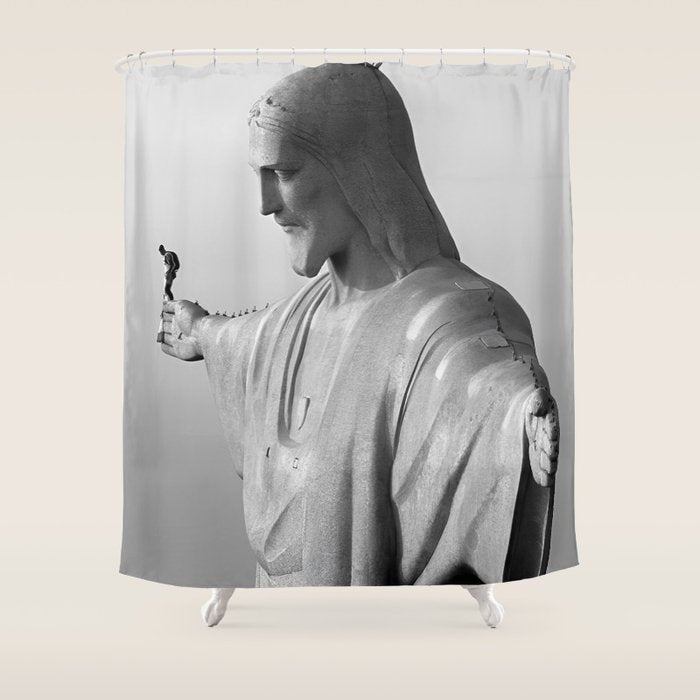 Christ the Redeemer, Rio de Janeiro, Brazil death defying dare devil black and white photography Shower Curtain Gallery Image 1