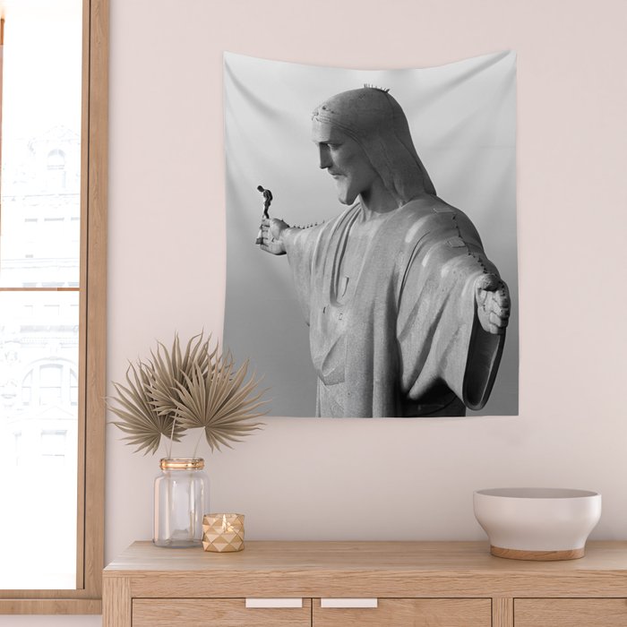 Christ the Redeemer, Rio de Janeiro, Brazil death defying dare devil black and white photography Wall Tapestry Gallery Image 2