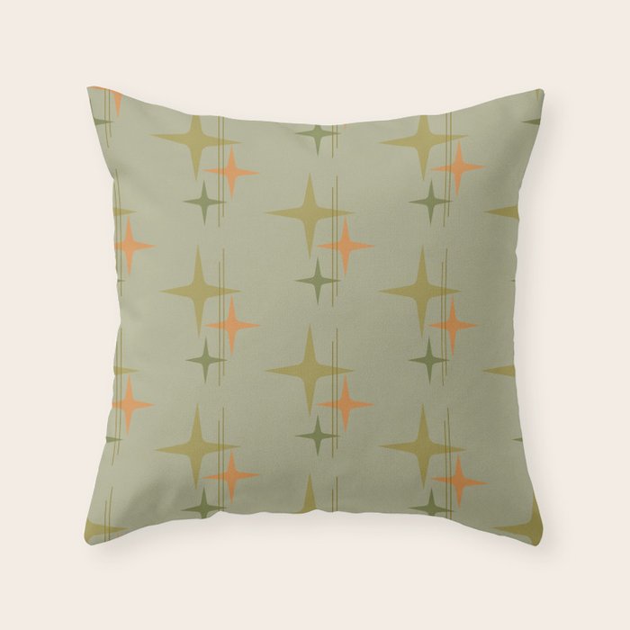 Mid Century Modern Atomic Stars and Lines Olive Green and Cantaloupe Orange Pattern Throw Pillow Gallery Image 1