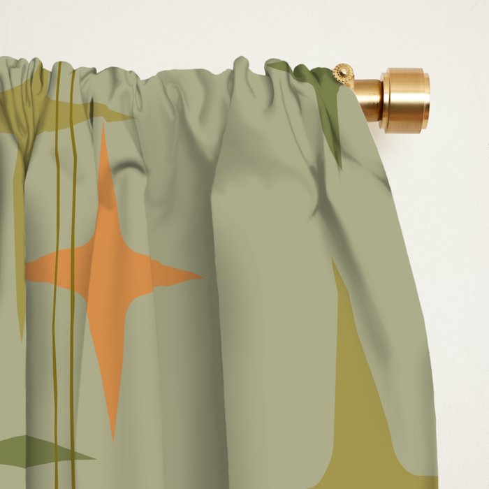 Mid Century Modern Atomic Stars and Lines Olive Green and Cantaloupe Orange Pattern Window Curtain Gallery Image 2